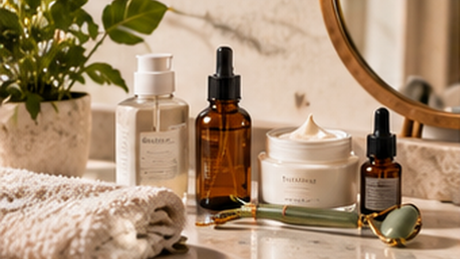 Tocador minimalista con toalla y envases cosméticos sin marca.