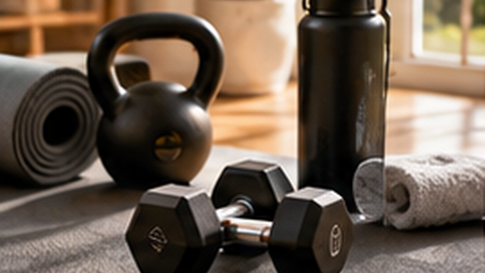 Espacio doméstico despejado con esterilla y banda elástica para entrenar.